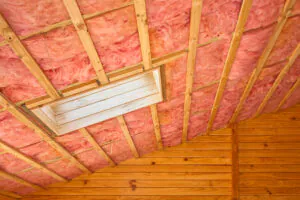 Fibreglass insulation installed in the sloping ceiling of a timber house.